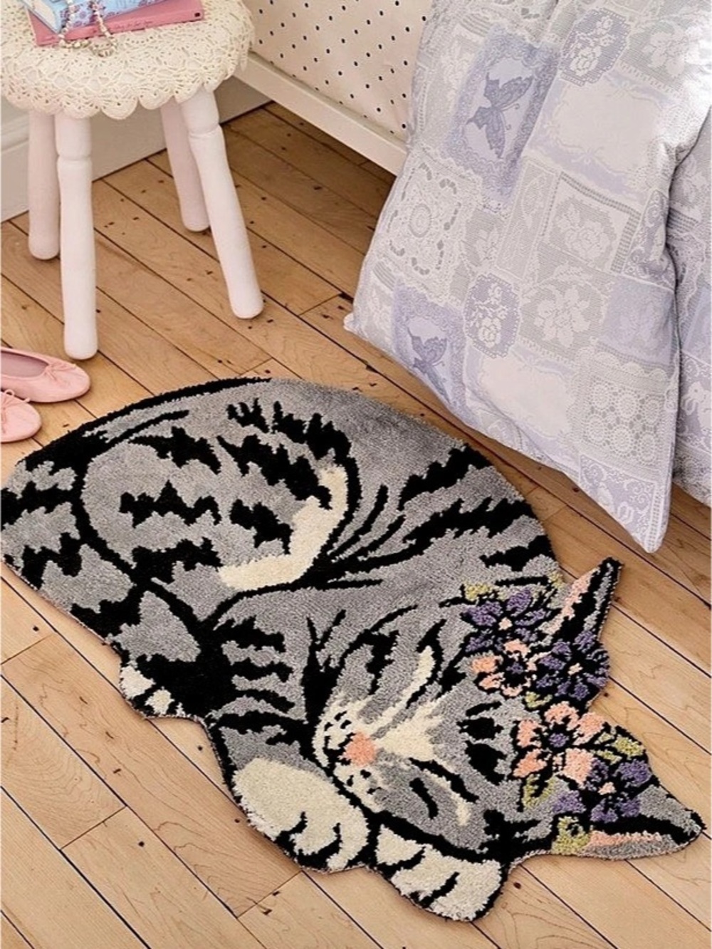 Urban Outfitters UO Home Cat Shaped Knitted Rug Grey